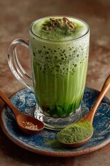 Frothy Matcha Latte: A Calming, Aesthetic Herbal Elixir in Vibrant Green Hues.