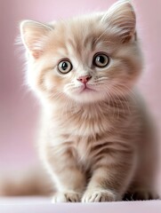 Little Scottish Fold kitten with folded ears gazing in wonder on a light purple background, gentle light emphasizing its rounded face and unique ear shape.