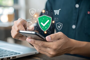 Secure online payment, Digital banking, Payment successful, Fintech solutions for seamless transactions and data protection, Online banking, Businessman authorizes an online payment via smartphone. 