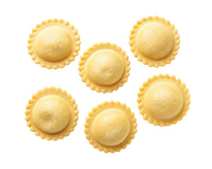 Group of six uncooked ravioli pasta isolated on transparent background
