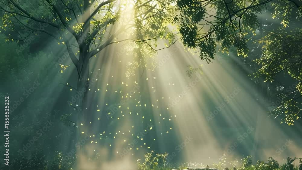 Poster sunlight streaming through trees in a lush green forest, creating a magical and ethereal atmosphere 