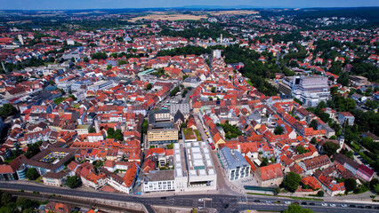 Aerial view around the old town in the city Schweinfurt on an sunny spring day in Germany