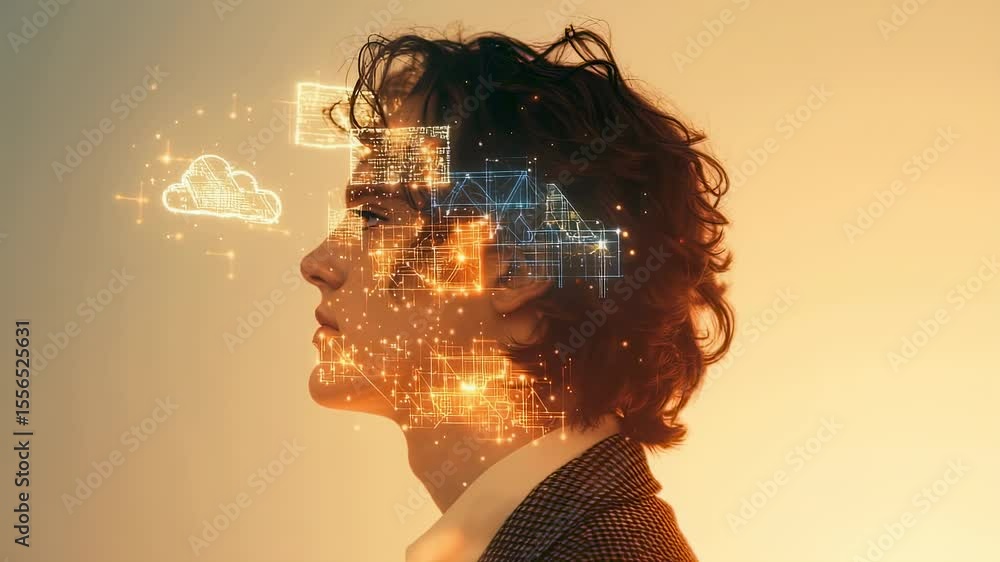 Poster futuristic portrait of a person with digital interface overlay, representing artificial intelligence