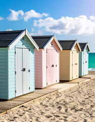 A row of pastel-colored beach huts standing next to a bright turquoise sea under sunny skies.