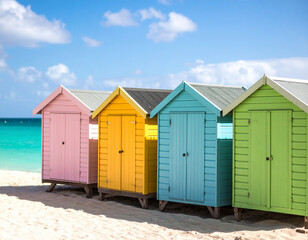 Naklejka premium A row of pastel-colored beach huts standing next to a bright turquoise sea under sunny skies.