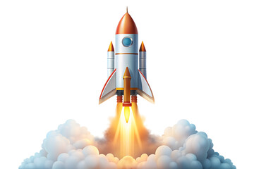 Obraz premium Cartoon rocket launching with smoke and fire isolated on transparent background