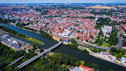 Aerial view around the old town in the city Schweinfurt on an sunny spring day in Germany