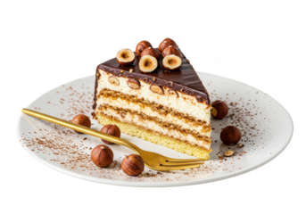 A slice of layered cake with chocolate glaze and hazelnuts on a white plate with a golden fork on transparent background