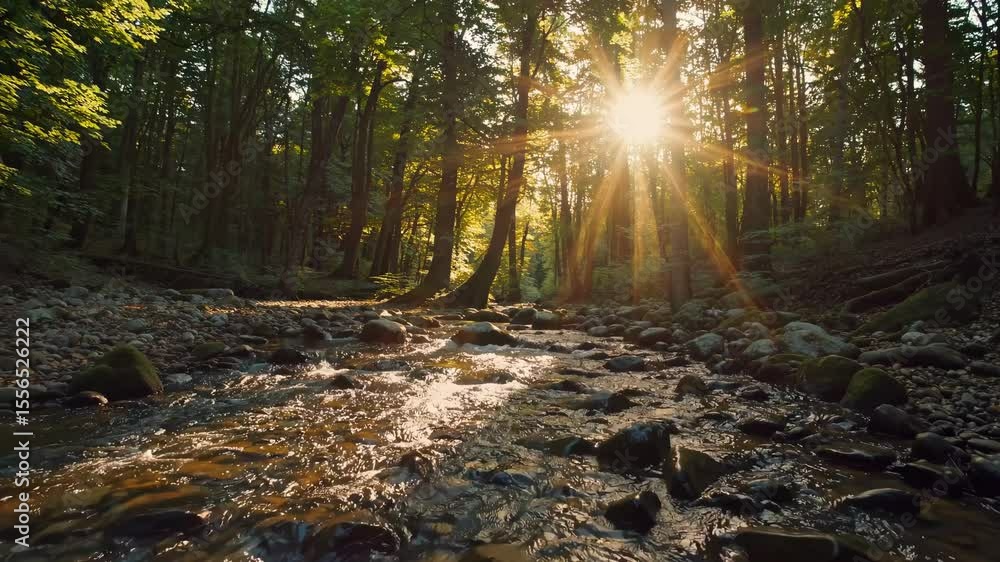 Aufkleber a serene forest stream captured at a low angle, with sunlight filtering through trees. ideal for a c