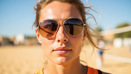 Young woman wearing sunglasses on beach volleyball court outdoors. Beach Volleyball