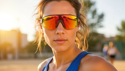 Young woman wearing sunglasses with confident expression on beach. Beach Volleyball
