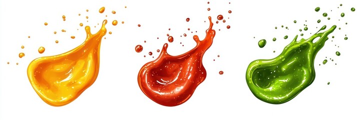  dynamic splash of honey mustard, hot sauce, and chimichurri sauce splashed in glossy yellow-gold, fiery red-orange, and vibrant green colors, isolated on a PNG transparent background