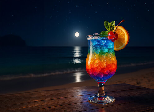 Colorful rainbow cocktail with ice, orange slice, cherry and mint on wooden surface by the beach at night. Full moon and starry sky create a magical tropical atmosphere.
