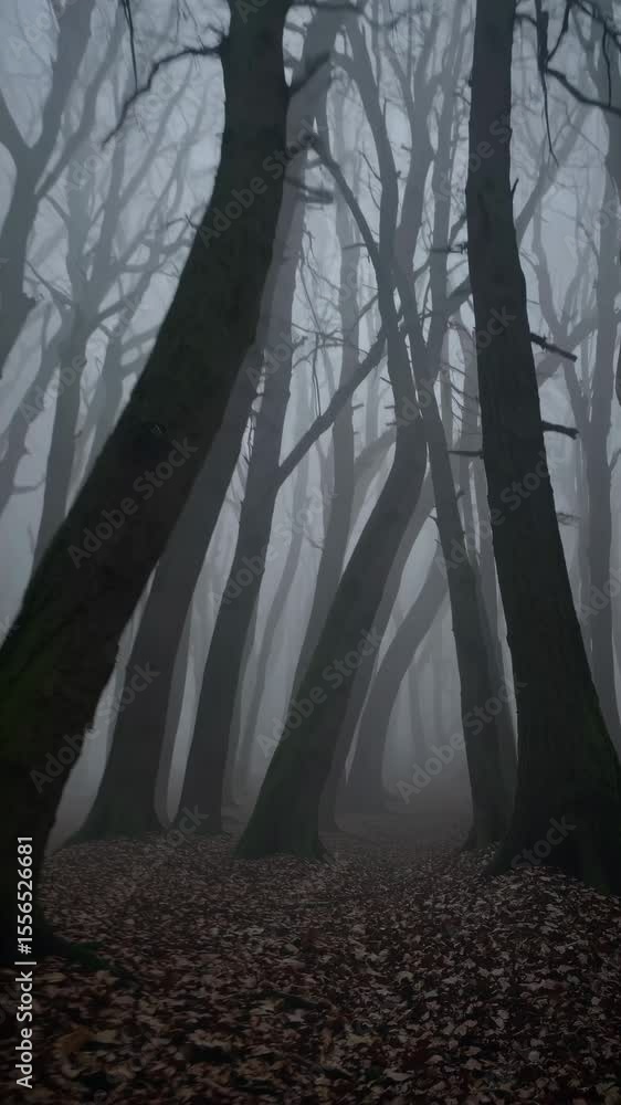 Poster eerie forest scene with tall, leafless trees in fog. shot from a low angle, creating a mysterious at