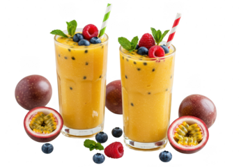 Two glasses of yellow fruit smoothie with berries and straws on a transparent surface isolated on transparent background