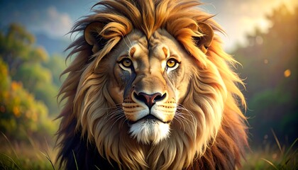 Naklejka premium Lion portrait, golden light