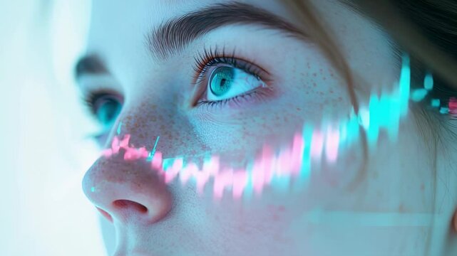 Close-up of a womans face with financial chart overlay, teal and pink color palette