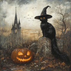 Spooky black cat wearing a witch hat beside a carved pumpkin at an eerie church in the autumn dusk