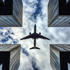 High-flying airplane passing between modern buildings on a cloudy day captured from below