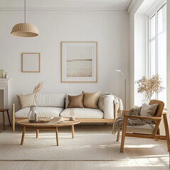 Cozy living room with minimalistic decor featuring neutral tones and natural materials