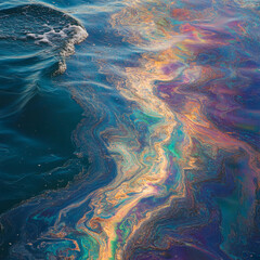 Colorful oil slick creates vibrant reflections on the sea surface in a serene coastal environment during daylight