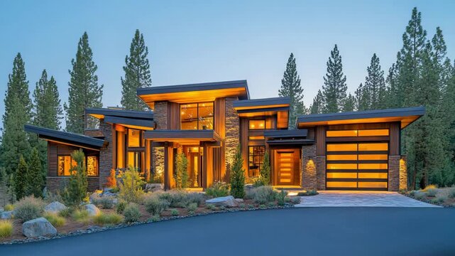 Contemporary orange and gray small house exterior in pine tree setting