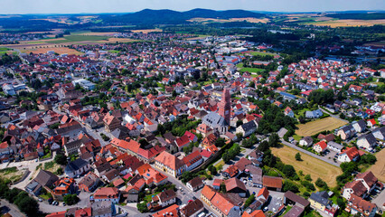 Aerial view around the old town in the city Bad Staffelstein on an sunny spring day in Germany