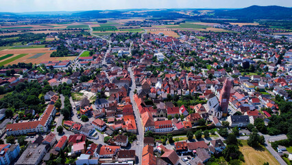 Aerial view around the old town in the city Bad Staffelstein on an sunny spring day in Germany