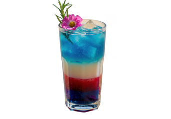 Layered drink with ice cubes and a pink flower garnish in a clear glass on a dark setting on transparent background