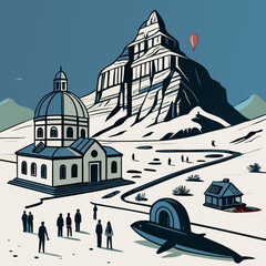 Surreal Mountain Landscape With Church And Whale