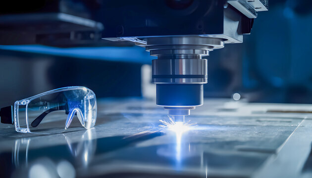 A close-up of a modern laser cutting or engraving machine showing the process. A bright blue laser beam is emitted from the nozzle, cutting into the metal surface and creating sparks and an intense gl