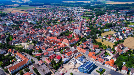 Aerial view around the old town in the city Bad Staffelstein on an sunny spring day in Germany
