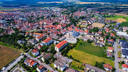 Aerial view around the old town in the city Bad Staffelstein on an sunny spring day in Germany