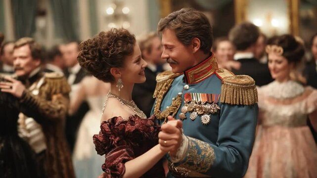 Elegant couple dancing waltz at luxurious ball