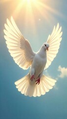 White Dove in Flight Soaring Symbol of Peace, Hope, and Spiritual Awakening, bathed in soft sunlight.  Perfect for religious, meditation, or inspirational projects.