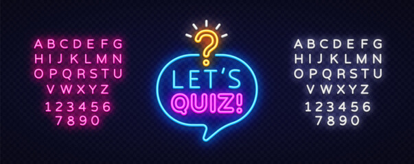 Lets quiz glowing bubble with font pack. Vector design includes speech shape, question mark and full alphabet set in neon style. Best for fun games