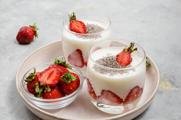 Layered Yogurt Dessert With Chia And Strawberries In Glass