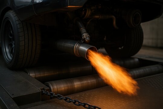 Tuned car expelling flames from exhaust pipe during dyno test