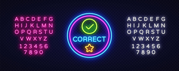 Circular glowing badge with check mark and word CORRECT in bright tones. Includes a yellow-orange star.