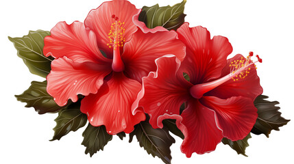 Vibrant hibiscus blooms showcase red petals and detailed stamens on a soft background transparent.