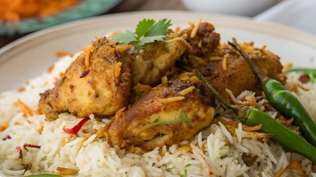 biriyani on a plate with grilled chicken.