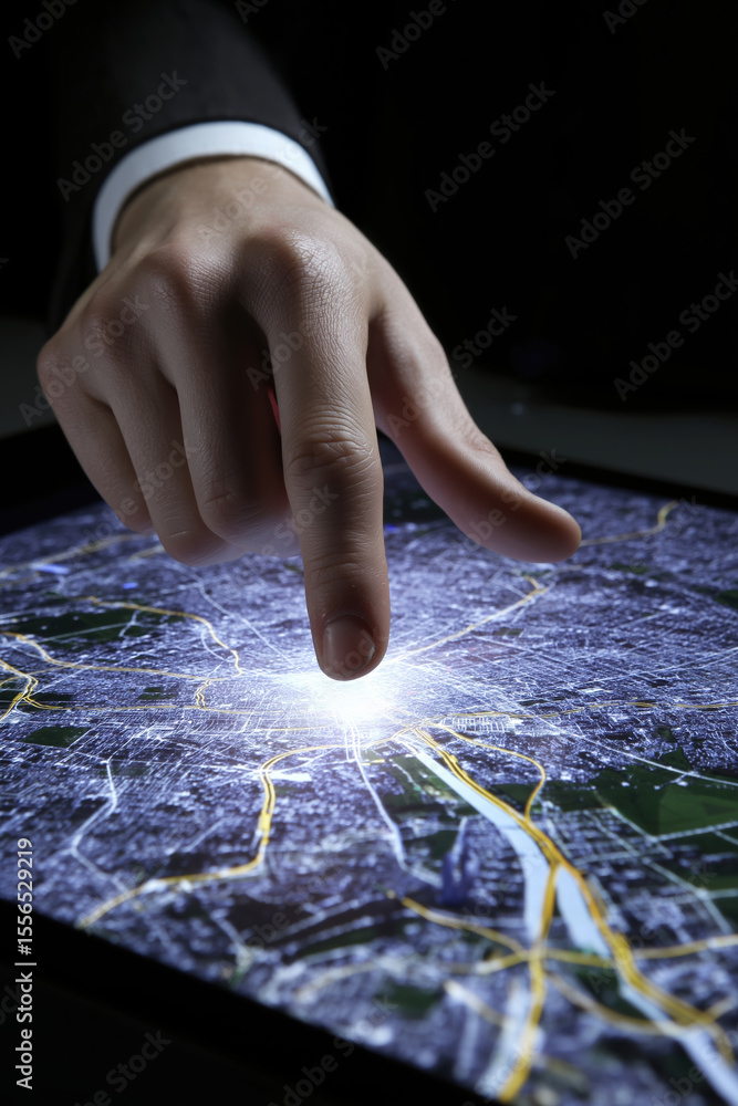 Poster touching a digital map of a city while exploring navigation and directions