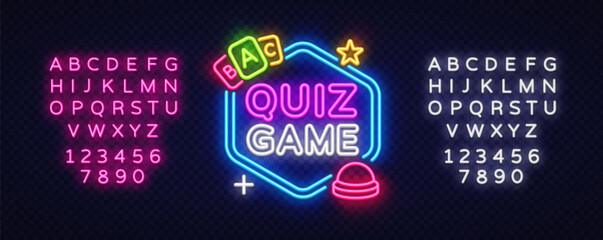 Game vector label with cards and buzzer. Neon word QUIZ GAME in hexagon shape, glowing alphabet and numbers on dark transparent background