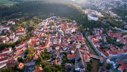Aerial view around the old town in the city Weida, 07570 on an sunny spring afternoon