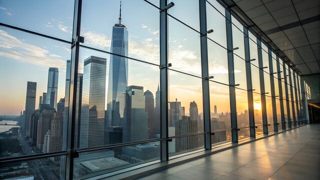 New york city skyline at sunrise viewed through modern office building windows