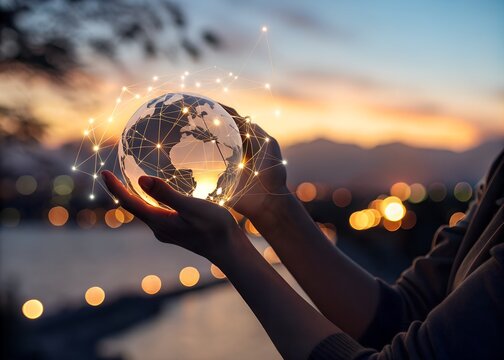 Hands holding a glowing digital globe with a network of connections at sunset - Powered by Adobe