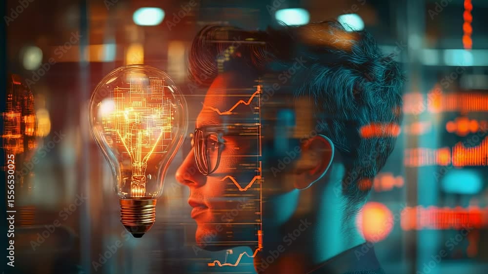 Poster conceptual image of a man with an idea, represented by a glowing lightbulb and financial data overla