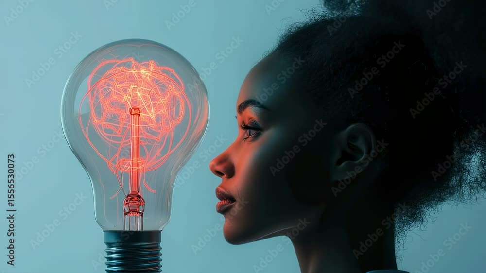 Poster woman gazing at a glowing lightbulb with a brain-like filament, symbolizing ideas and innovation in 