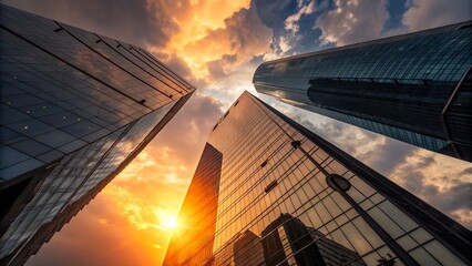 Modern glass skyscrapers reflecting a dramatic sunset sky with golden clouds