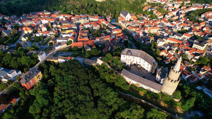 Aerial view around the old town in the city Weida, 07570 on an sunny spring afternoon